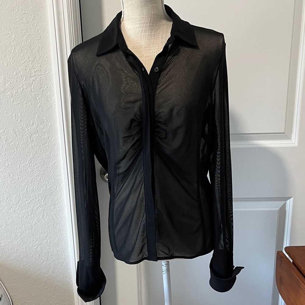 Express VTG Black Sheer Ruched Bust Modern French Cuff Button Up SZ L